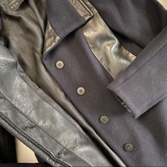 ZARA Navy Wool Black Faux Leather Trim Coat XS - Picture 3 of 12